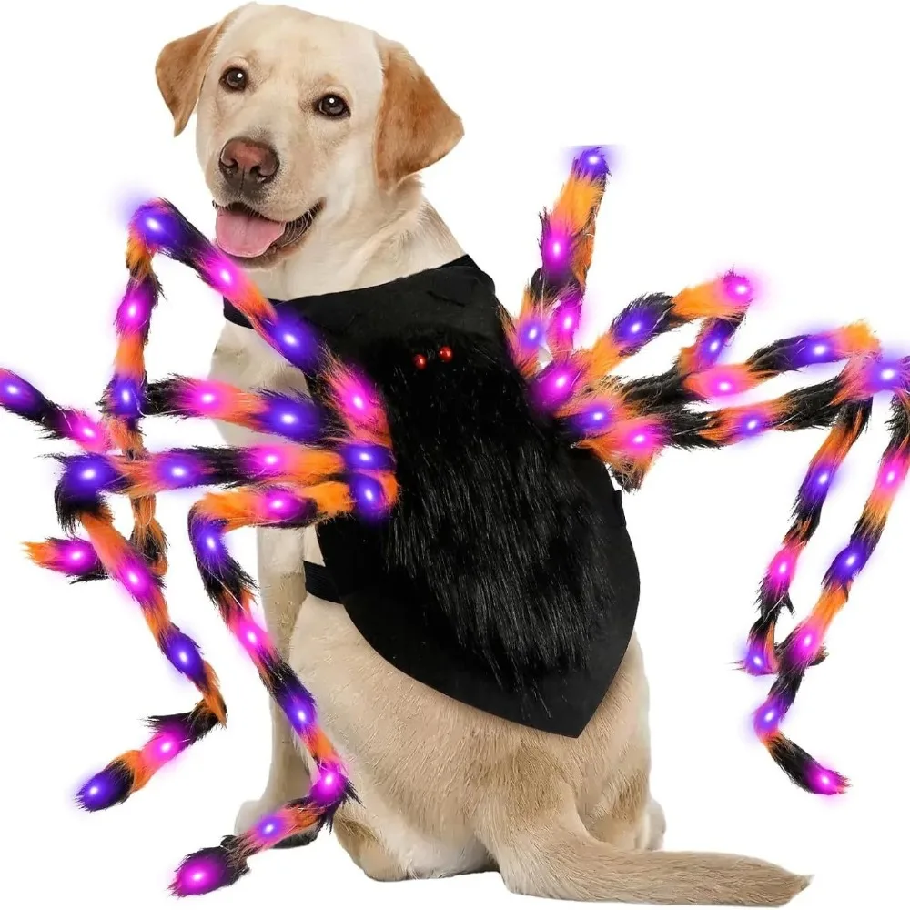 Large Dog Halloween Costume Spider Costume with LED Purple Lights Funny for Dogs Pets Clothes Puppy Outfits Cosplay Party Decor