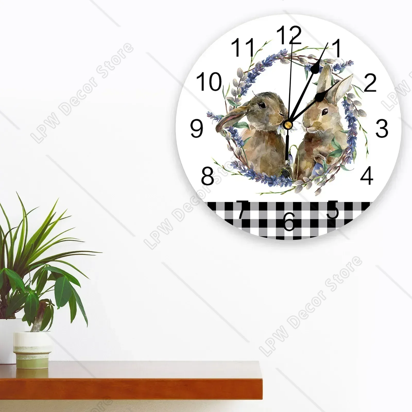Easter Rabbit Flowers Lavender White Plaid Large Wall Clocks Kid Room Silent Wall Watch Office  Decor 10 Inch Hanging Watch Gift