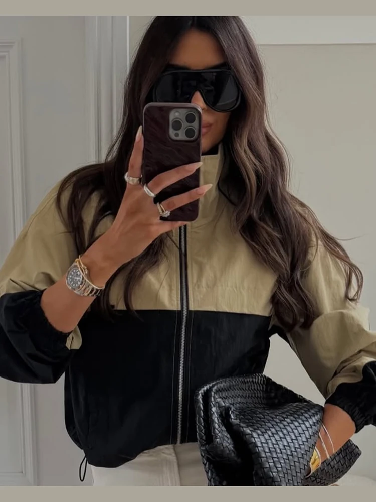 Retro Women Color Block Sporty Jacket Casual Zip Stand Collar Elastic Cuff Oversized Coat Lady Autumn Daily Casual Windbreaker