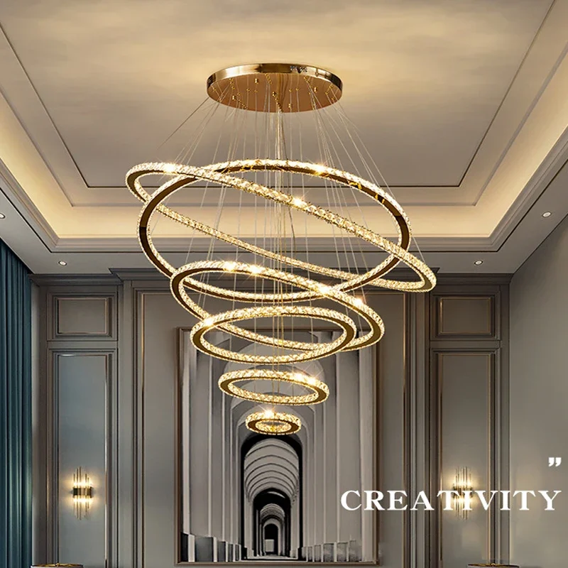 

Modern Home Decoration Crystal Pendant Lighs Luxury Stairwell Bed Living Room Ceiling Chandelier Gold Luster Dimmable LED Light