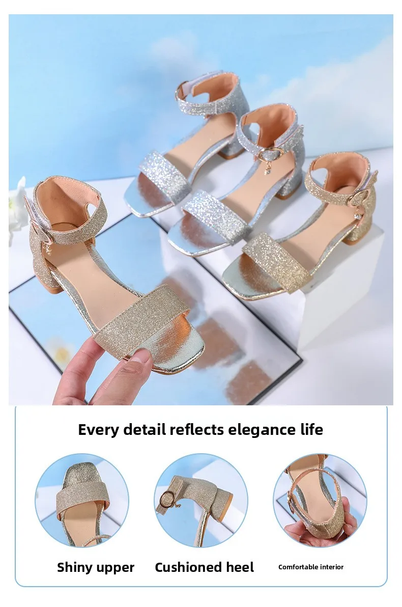 Modische Kinder-Sommersandalen mit Pailletten, einfache Mädchen-Freizeitschuhe, Prinzessinnen-Schuhe mit niedrigem Absatz, Hochzeitsschuhe, Party-Sandalen für Kinder, High-Top-Sandalen – Detail 3