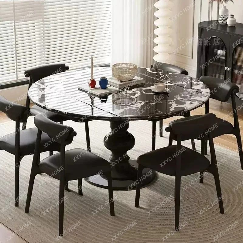 

ML retro solid wood dining table marble square and round dual-purpose rock slab dining table retractable