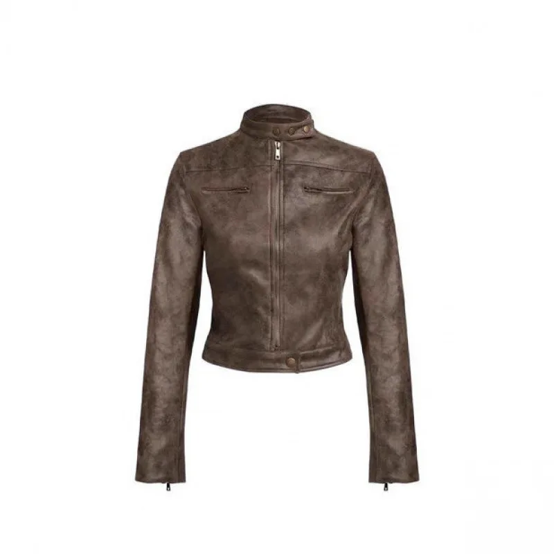 Retro Streetwear Lion Biker ort Jaet Women's Slim Fit Leather Coat Top American Sle Fall Faion Commute Windbreaker