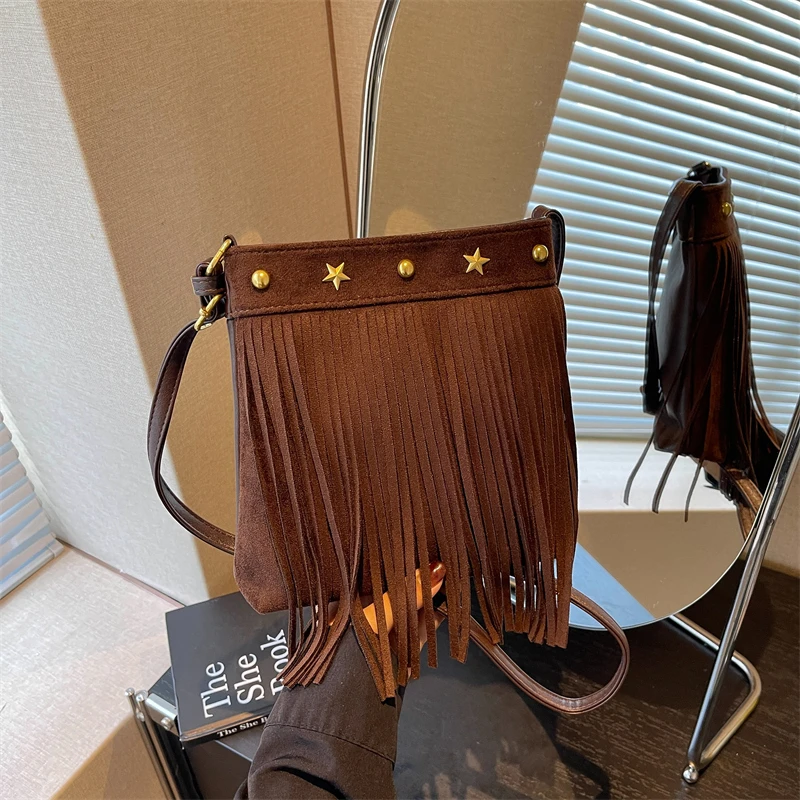 Autumn/winter New Vintage Fringe Crossbody Bag Western Star Rivet Suede Shoulder Purse Boho Retro Tassel Small Messenger Handbag view 2