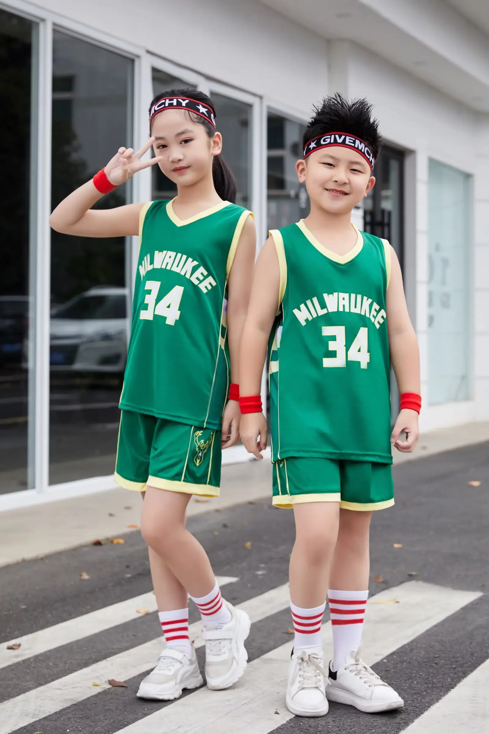 23/24 boy girl NBA Basketball Jerseys Children's uniform set primary school jersey  uniform training vest Bucks Green No. 34