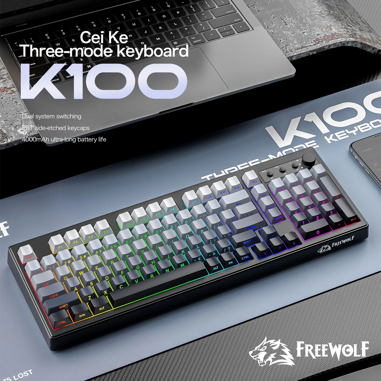 คีย์บอร์ดเกมมิ่งไร้เสียง FREEWOLF k100 สามโหมด, ลายสลักด้านข้างแบบไล่เฉดสี, ไฟ RGB, เหมาะสำหรับพีซีและแล็ปท็อป WIN/MAC