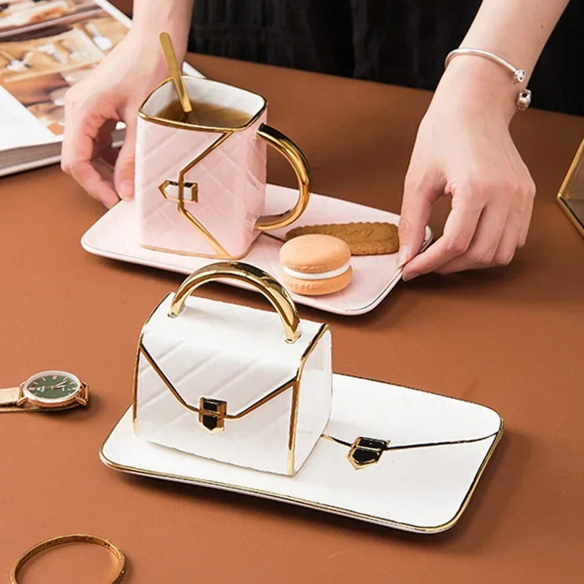Creative Bag Shaped Coffee Mug Dessert Plate Net Red Tracing Gold Coffee Cup and Plate Set Milk Tea Cup Home Decoration Gifts