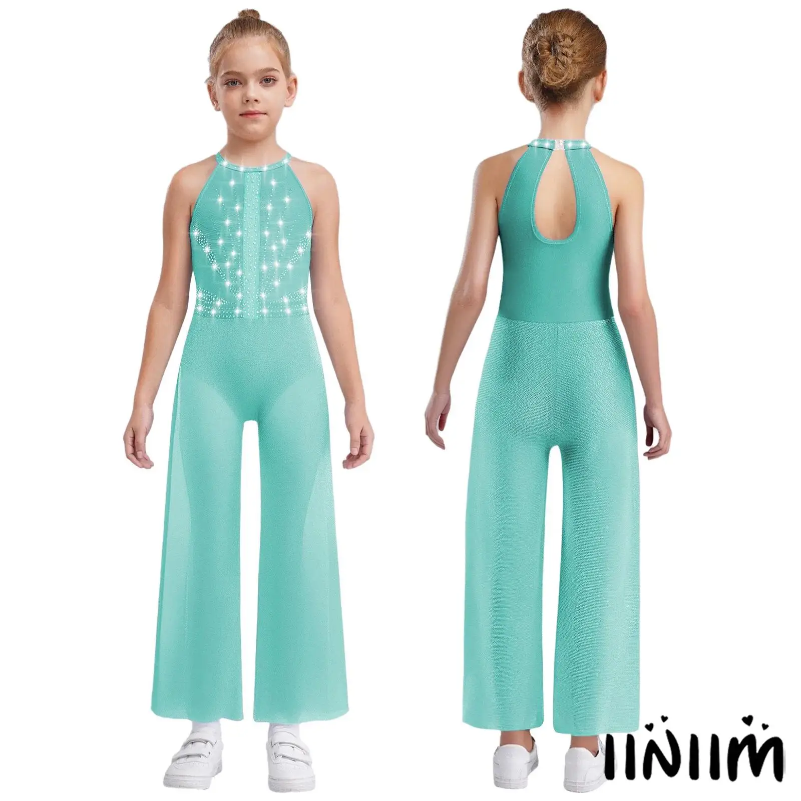 

Kids Girls Ballet Jazz Dance Jumpsuit Shiny Rhinestones Sleeveless Keyhole Back Sheer Mesh Lyrical Modern Dance Bodysuit Costume