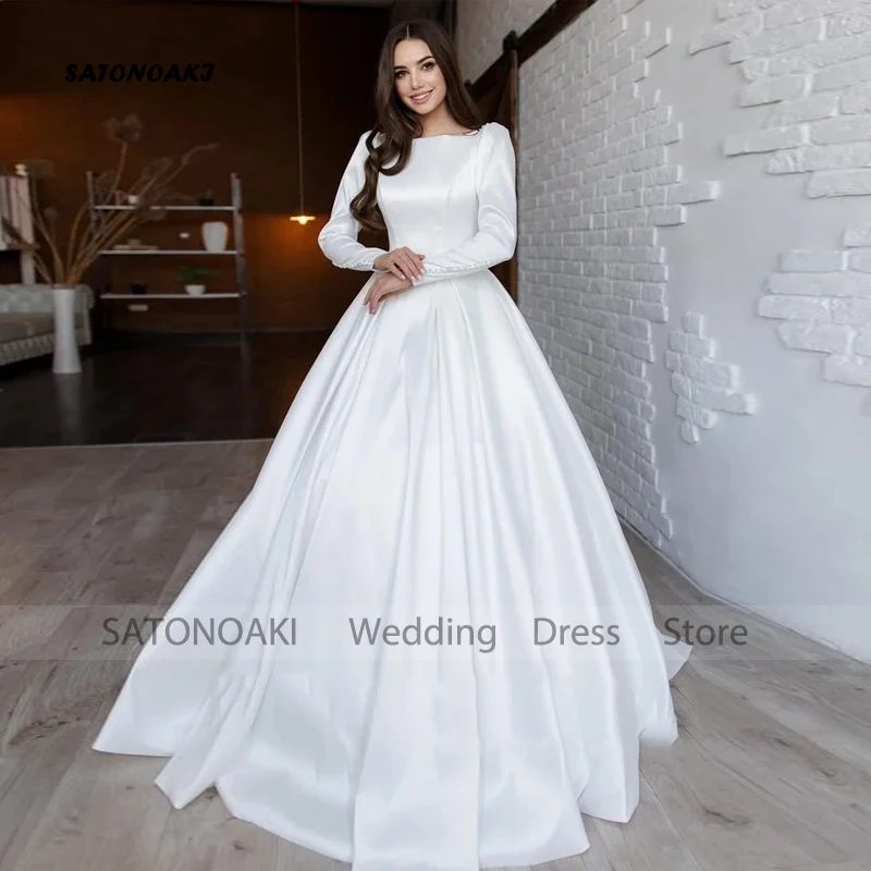 

Customized Simple Vintage White Ivory Satin Wedding Dress for Women Puff Sleeve A-Line Bridal Gown Vestidos De Novia Robe Mariée