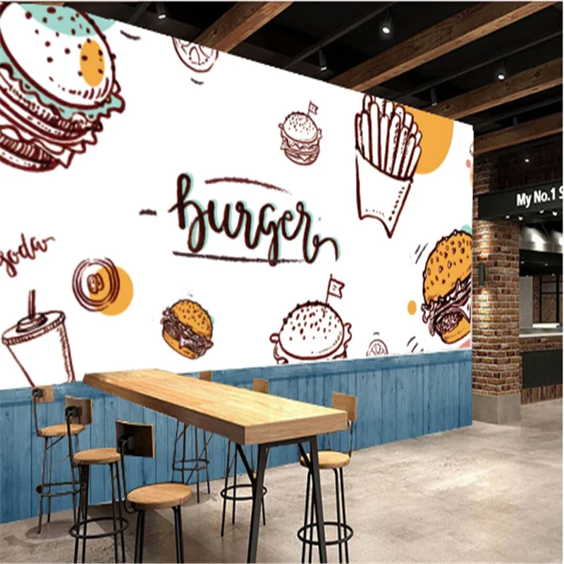 

Custom Snack Bar Hamburger Fries Wall Paper 3D Burgers American Fast Food Restaurant black Background Wall Mural Wallpaper 3D