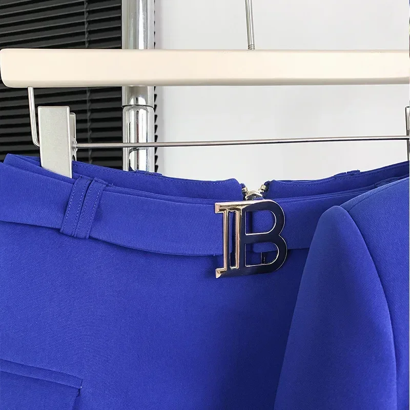 Royal Blue Women Suit Set Formal Blazer+Pants Single Button Slim Fit Cotton Business Work Wear Office Lady Jacket Coat