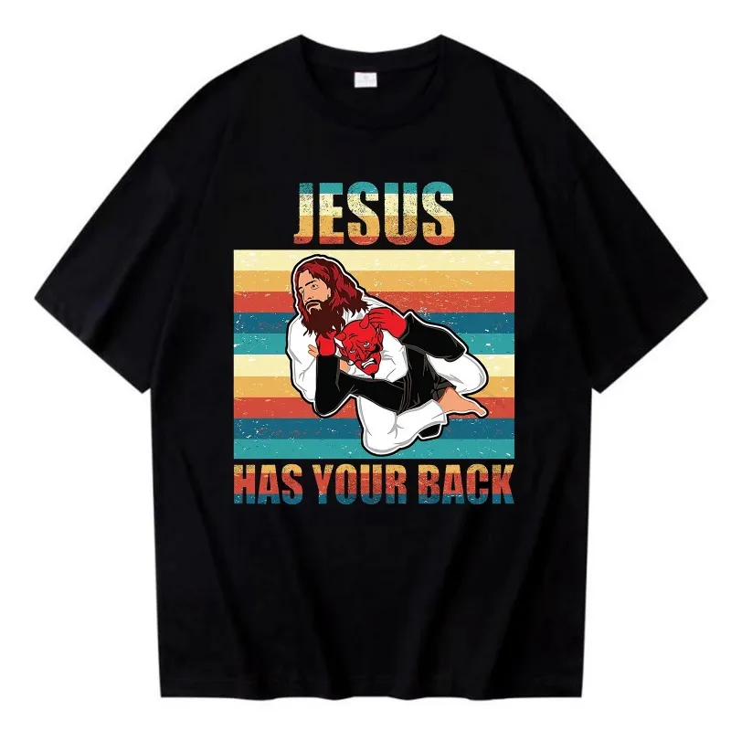 

Jesus Has Your Back Jiu Jitsu Vintage Christian Men T-shirt Fashion Summer Harajuku O Neck Streetwear Unisex Tops
