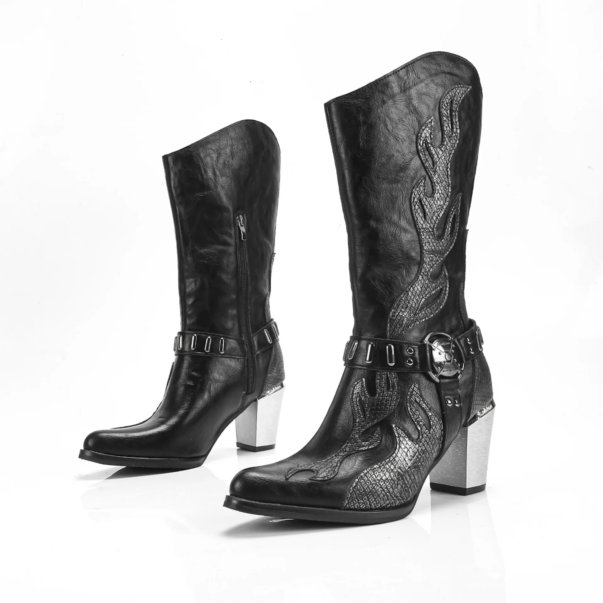 Metal High Heels Autumn Winter Flame-Brushed Mid-Calf Boots For Women Retro Fashion Leather Boats Thick Heels Western Cowboy New