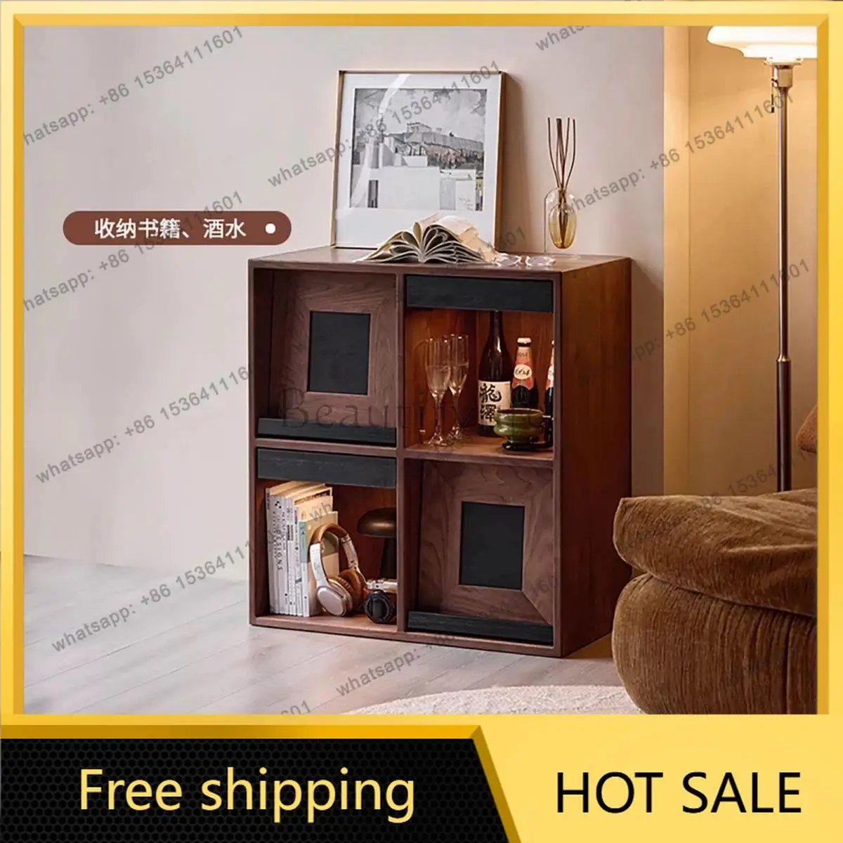LS floor-to-ceiling solid wood lattice antique living room storage display side cabinet shelf storage bookshelf