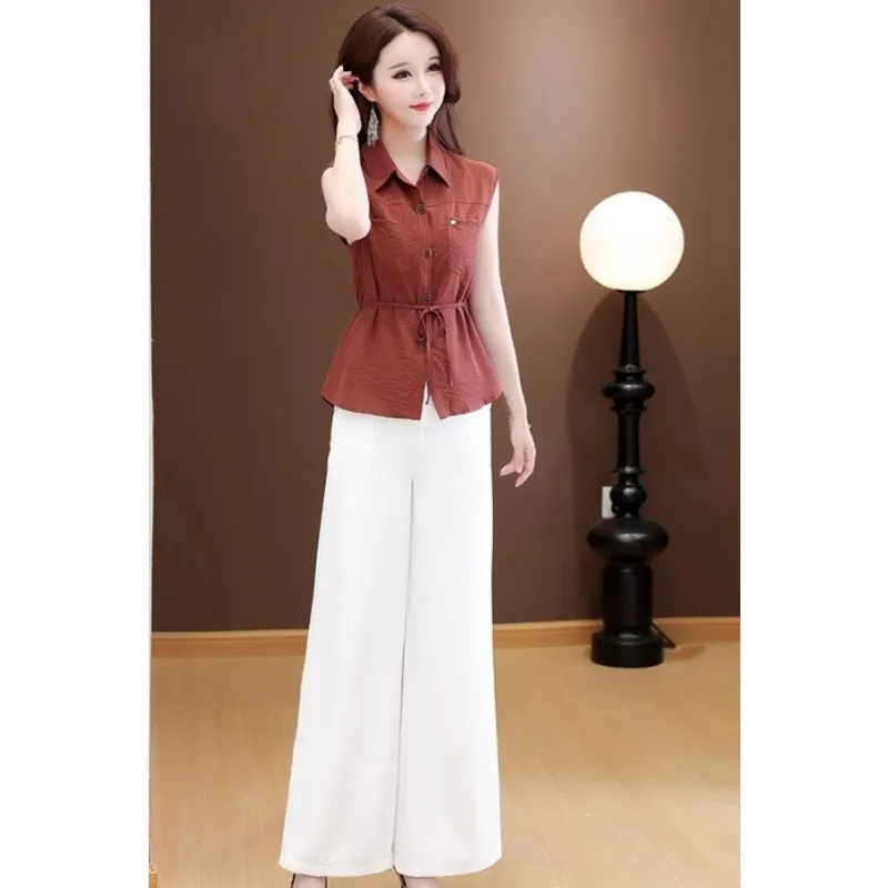 

Women's Casual 2 Piece Outfit Sleeveless Drawstring Shirt Wide Leg Pants Summer