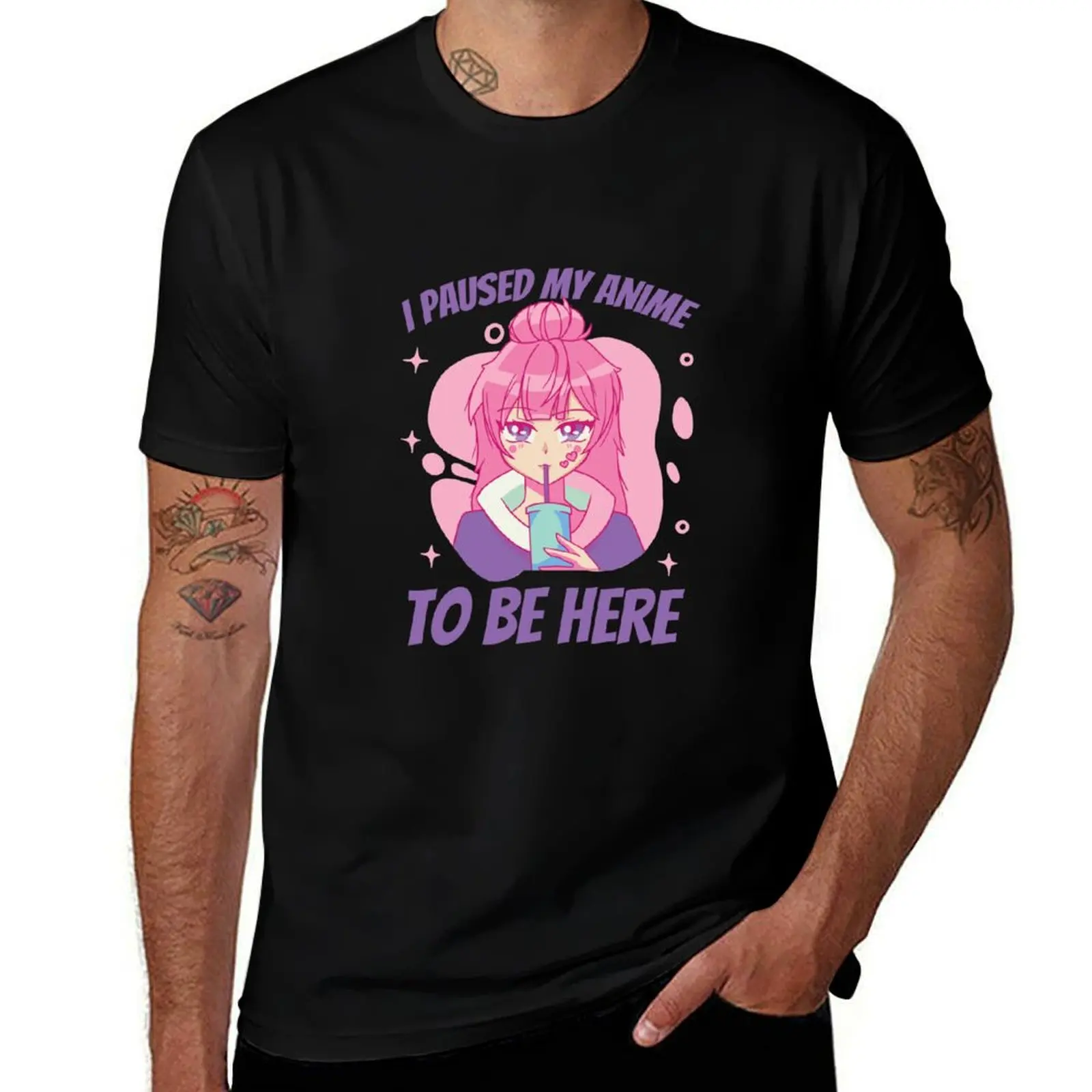 Lovely Pink Anime Girl- I Paused My Anime To Be Here T-Shirt Street Art Print Tee Shirt T-Shirt