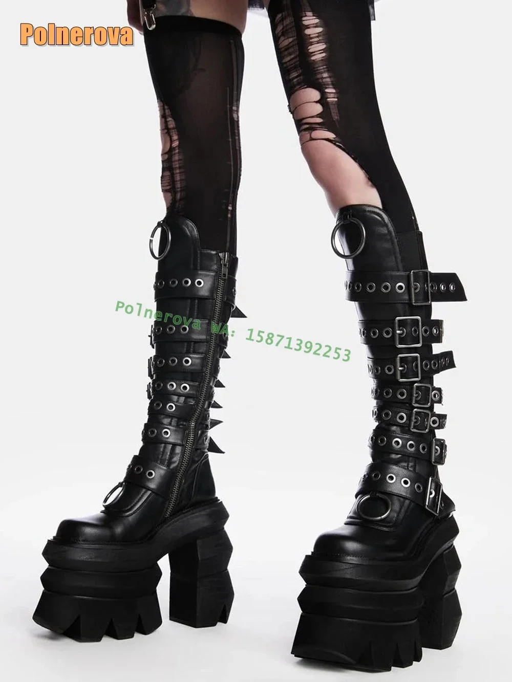 حزام مشبك منصة سميكة وحيد Y2K فارس الأحذية جولة تو الارتفاع زيادة زخرفة المعادن فاسق الركبة عالية التمهيد 2024 الشتاء