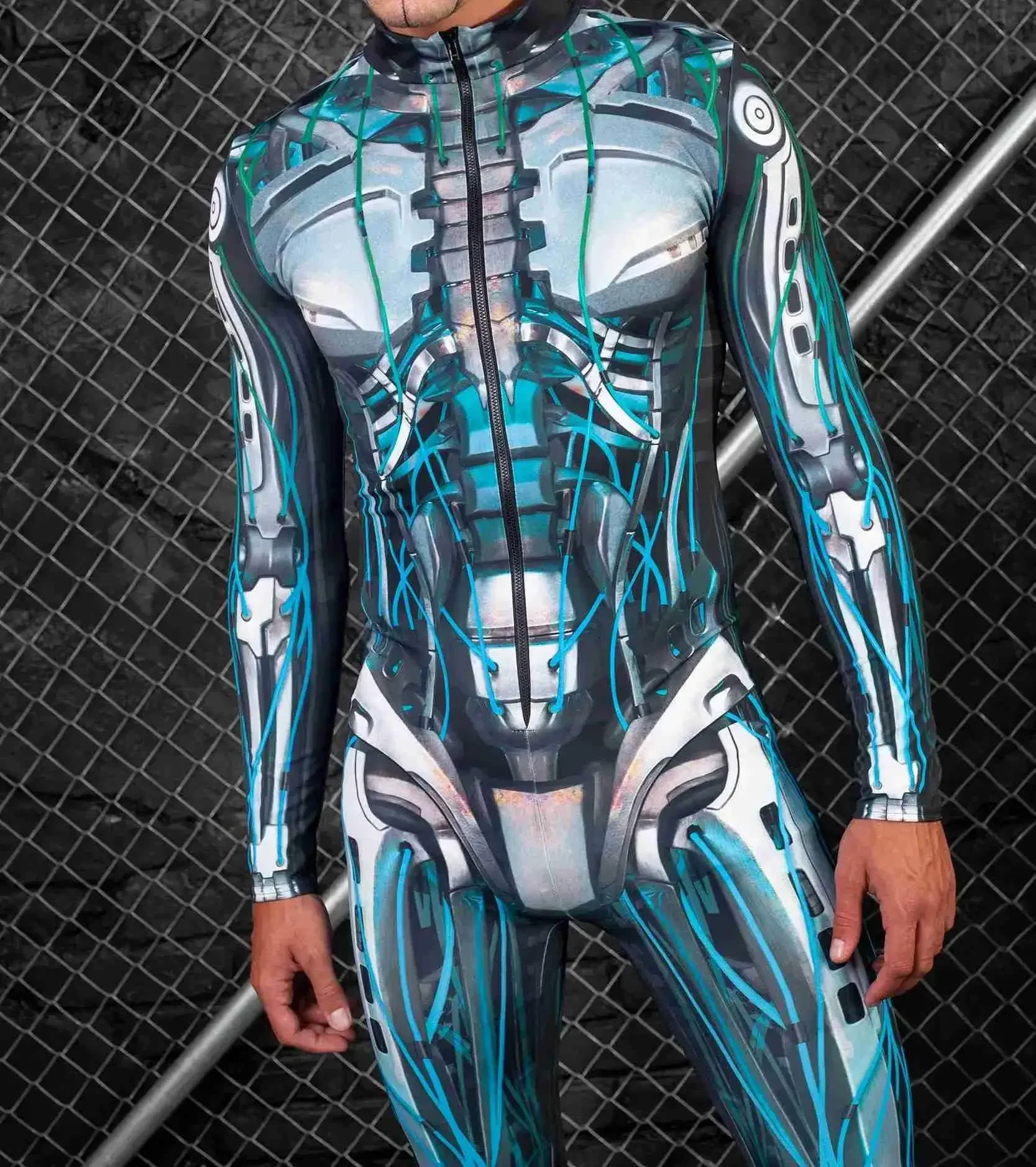 Zawaland Men Steampunk Cosplay Bodysuit Futuristic Robot Punk Costume Halloween Party Jumpsuit Alien Zentai Suits Show Outfit