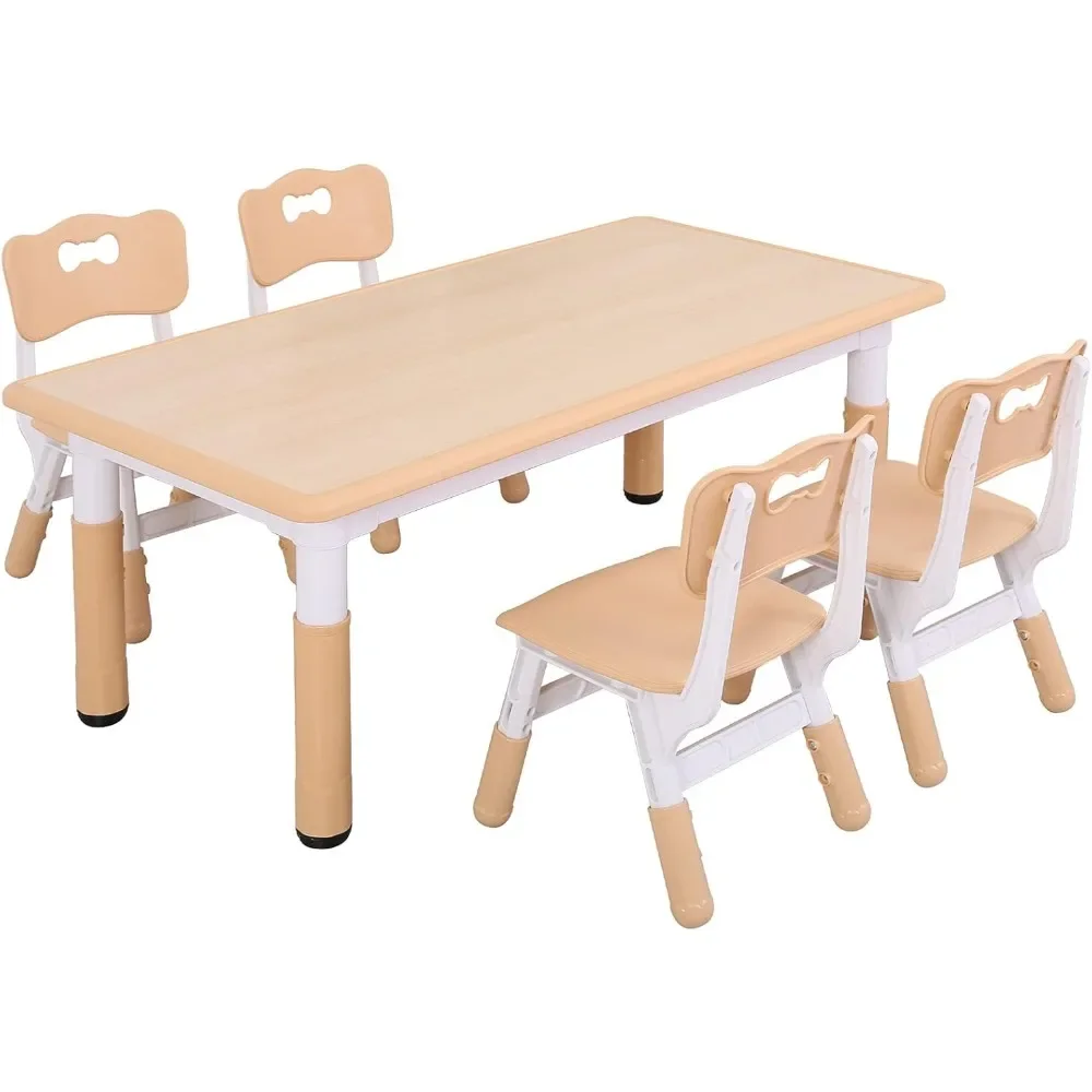 Kids Study Table and Chairs Set, Height Adjustable Plastic Children Art Desk with 4 Seats, Kids Multi Activity Table Set