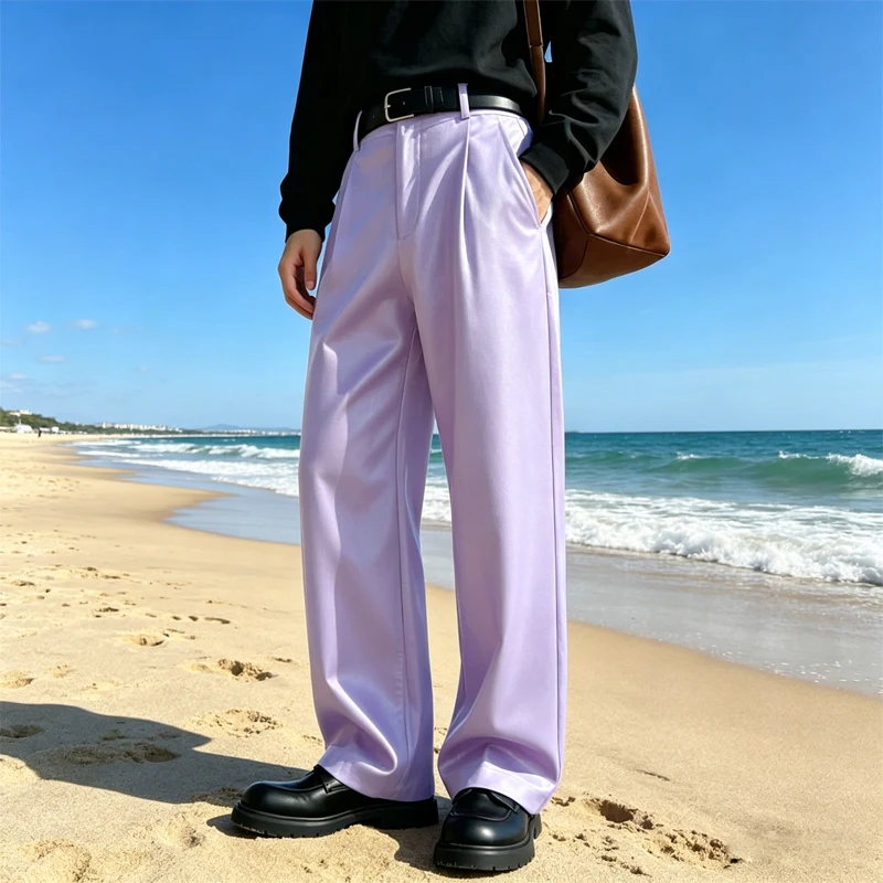 

﻿Luxury Men's PU Leather Pants High Waist Loose Straight Leg Soft Breathable Trousers Streetwear Fashion Daily Wear For Men