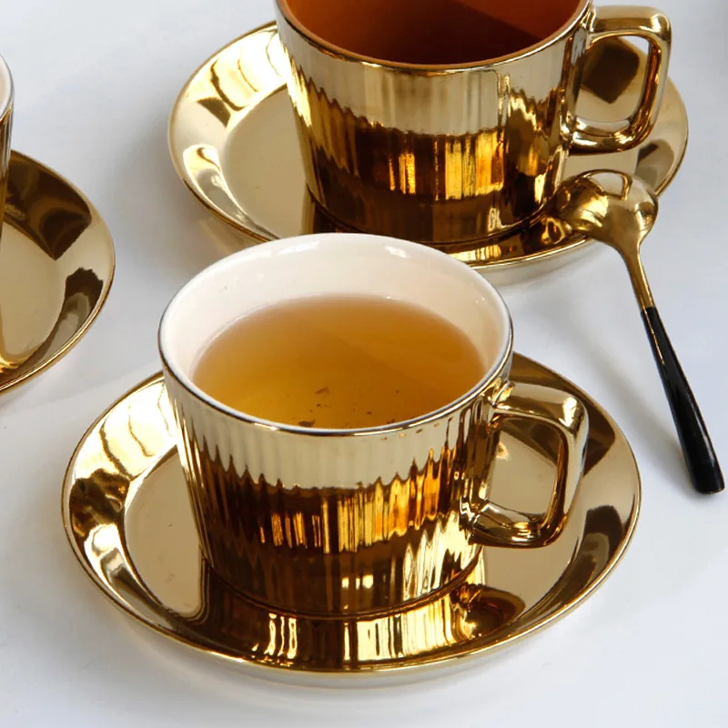 Vergoldetes Tee-/Kaffeetasse- und Untertasse-Set, Keramik-Espresso-Latte-Kaffeetasse, 250 ml