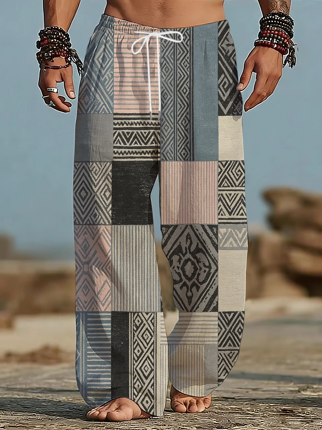

Men Boho Ethnic Geometric Feather Print Wide Leg Pants Vintage Patchwork Loose Drawstring Summer Beach Casual Hippie Trousers