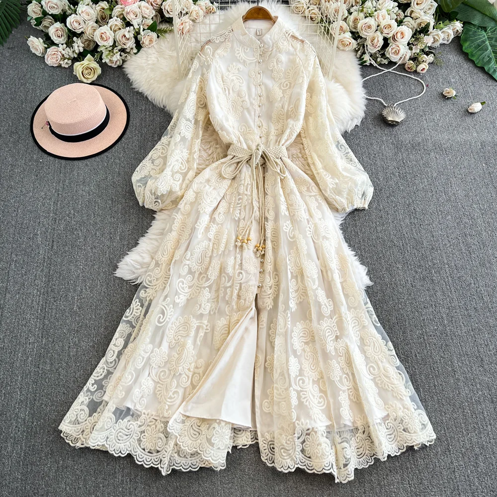 

Lace Dress Women Long Dresses Single Breasted Embroidery A Line Vestidos Streetwear Lantern Sleeve Elegant Y2k Party Wedding
