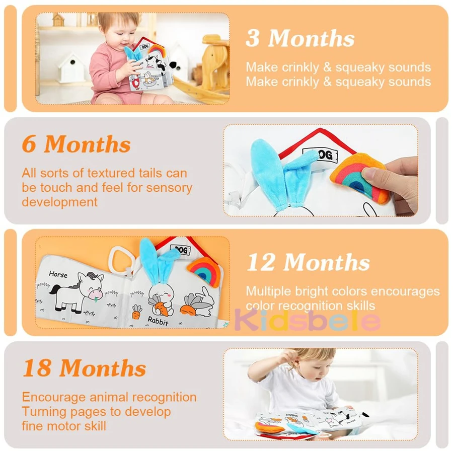 Baby-Crinkle-Stoffbuch mit Plüschtier-Zubehör, Montessori-Sensoriklernen, Soft-Touch-Bücher für Neugeborene von 0–36 Monaten