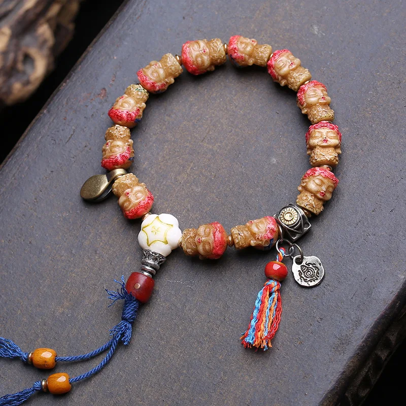 Tibetan-Style Repainted Carved Matsu Charm Bracelet, Featuring A Single-Strand Design With Deer , Yak Bone, And Copper A