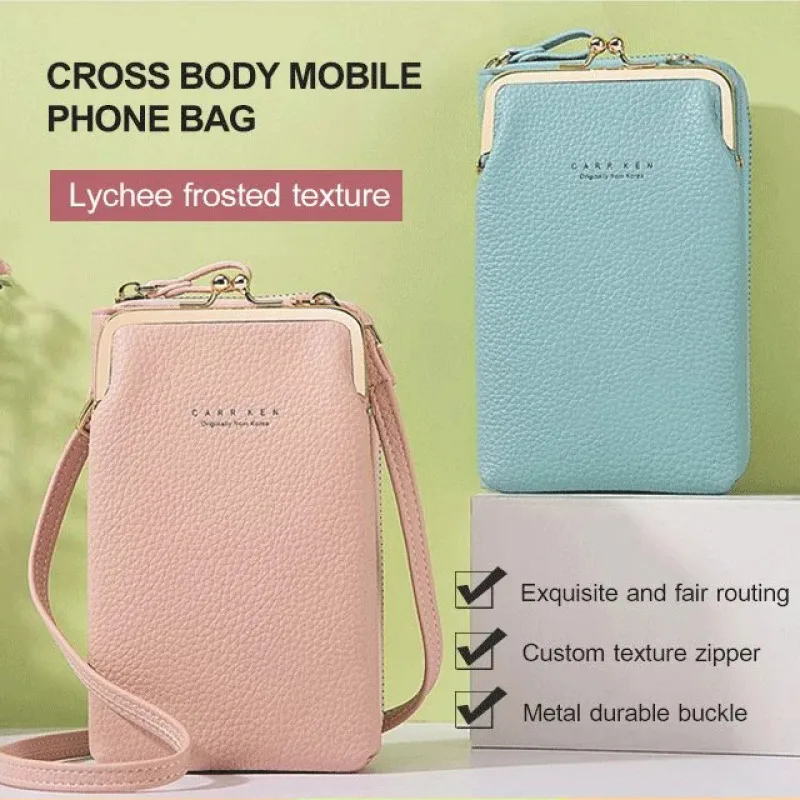 New CarrKen Women\'s Cell Phone Bag Wallet Korean Fashion Lychee Pattern Pure Color Slant Cross Bag Multifunctional Bags