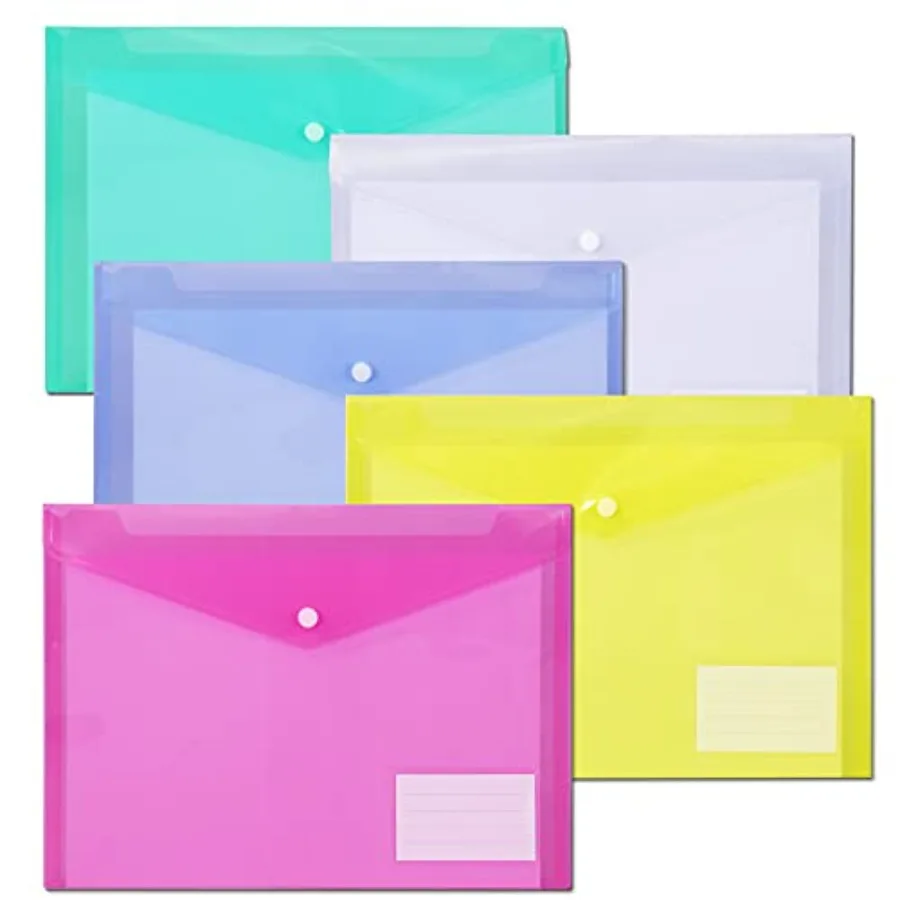 

10 Pack Plastic File Folders with Pockets, Colorful Hook and Loop Closure Envelopes, Clear Poly Document Folders Letter/A4 Size