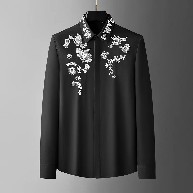

Мужская рубашка с вышивкой цветов класса люкс, высококачественная повседневная рубашка с длинным рукавом, деловая формальная рубашка для мужчин, одежда 2026