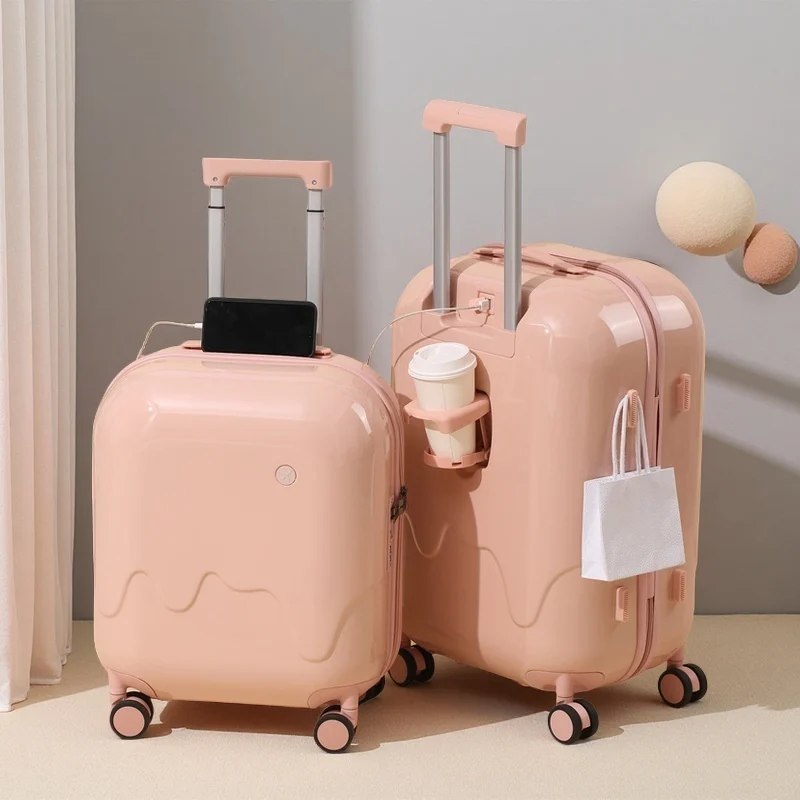 حقيبة أمتعة لطيفة متعددة الوظائف مقاس 20 بوصة 24 بوصة حقيبة تروللي بعجلات ABS + PC مع حامل أكواب ومنفذ شحن USB وعجلات دوارة جانبية #2