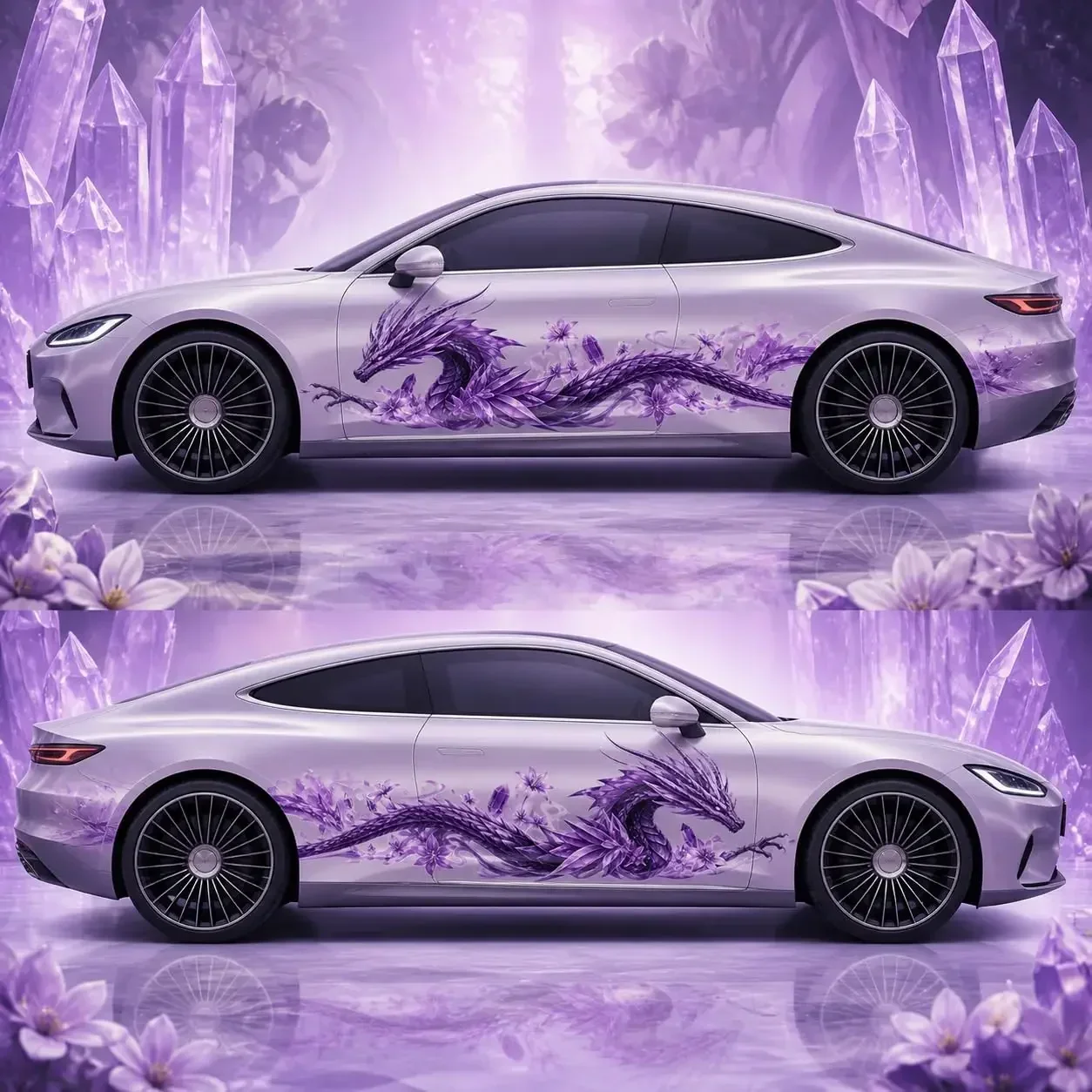 2PCS Nocturne Phoenix Car Side Body Decals, Purple Bird and Floral Graphic Sticker Set for Door Panel Exterior Styling,