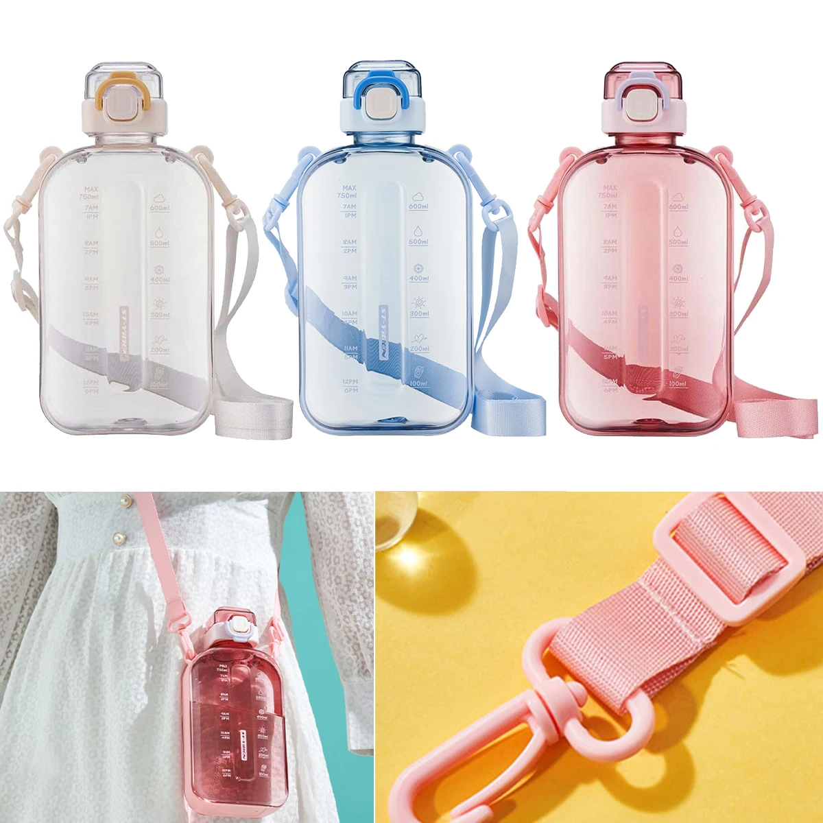 Portable Flat Water Bottle 750ML Sport Water Bottle with Time Marker Leakproof Outdoor Sport Fitness Drinking Cup