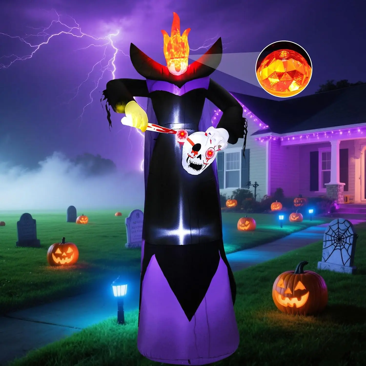 12FT Giant Halloween Inflatable Grim Reaper Holding Skull Digging Out Eyeballs, Headless Killer Blow Up Outdoor Decoration with Flame Light for Party Garden Lawn Yard