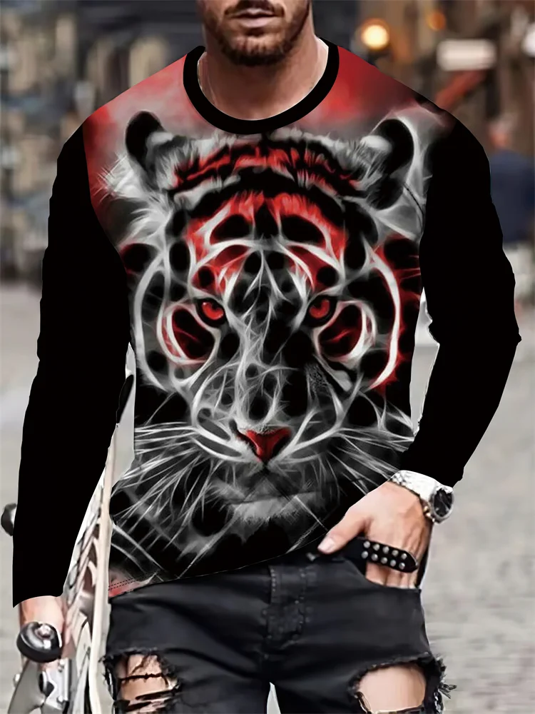 Black And White Lion Print Long Sleeve T-shirt Spring/Autumn Men's Daily Casual Long Sleeve Top Street Fashion Long Sleeve Top