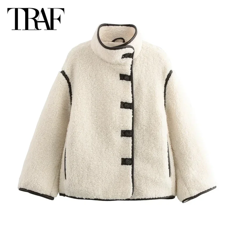 TRAF Women\'s Warm Winter Jacket 2024 Fleece Plush Jacket Autumn Oversized Parkas Long Sleeve Teddy Jacket Coats New In Outerwear