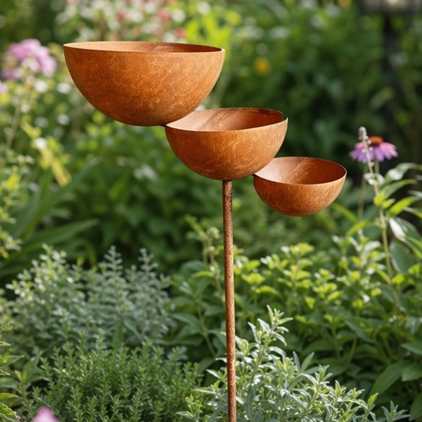 3-Schichtiger Regenwasser-Sammler mit Metallstange, Vogelbad und Bienen-Wasserstation, Gartentrinker für Outdoor-Gartenkunst-Dekoration