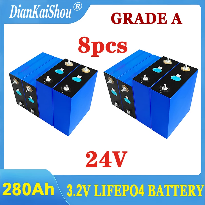 

New 8pcs 3.2V 280Ah LiFePO4 Battery Cell Grade A Brand New 6000 Cycles With Free Busbar For DIY 12V 24V 48V Lithium Battery Pack