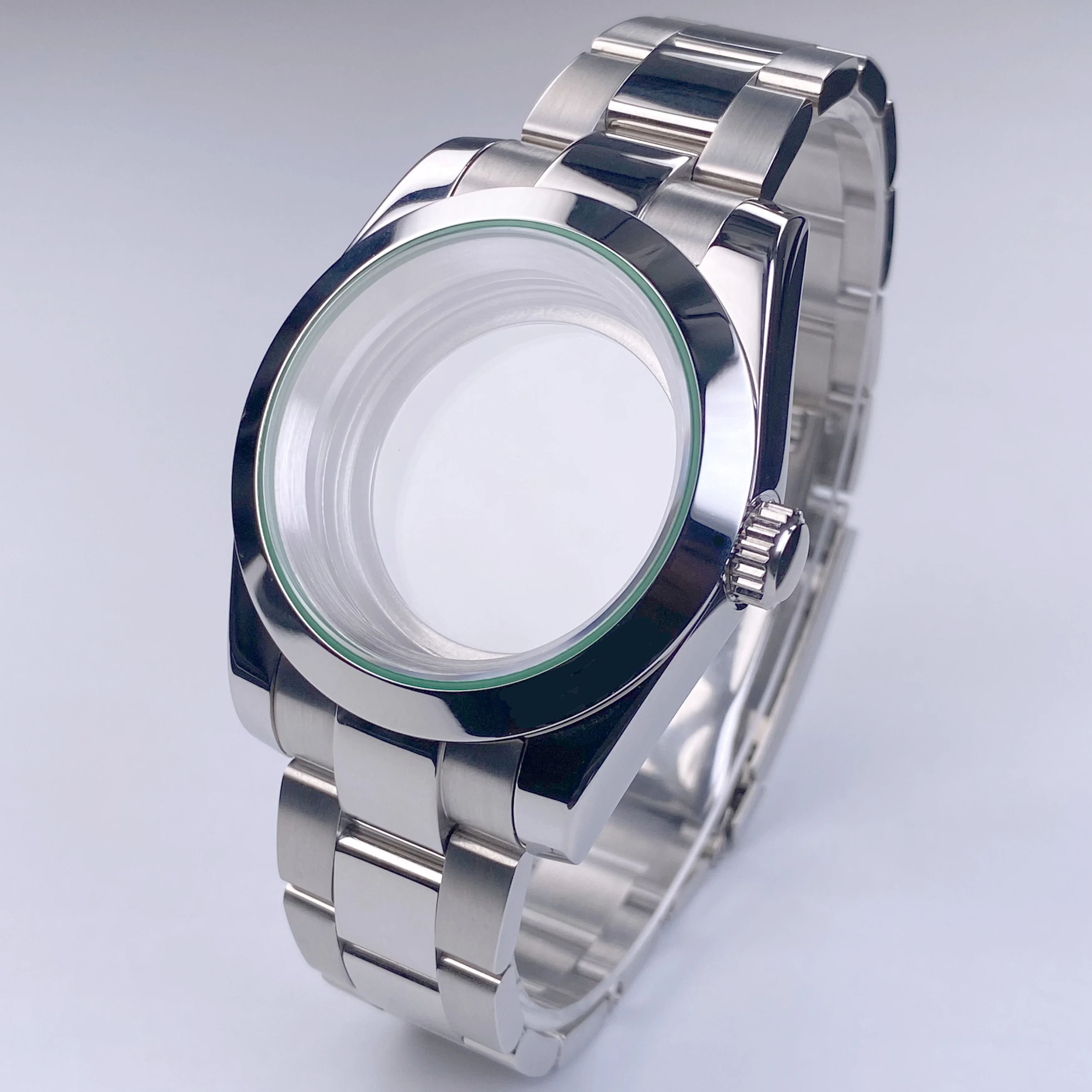 Caixa de relógio nh35 36mm/39mm, moldura de junta verde relâmpago, caixa de vidro de safira compatível com movimento nh35, acessórios de mostrador de 28.5mm