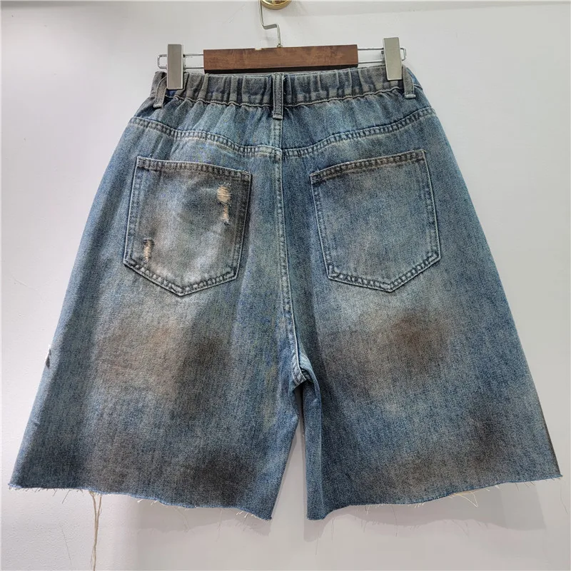 2025 Summer New Lace Flower Splicing Brushed Hole Elastic Waist Denim Shorts 3d  Booty Shorts High Waisted Shorts Women Clothing