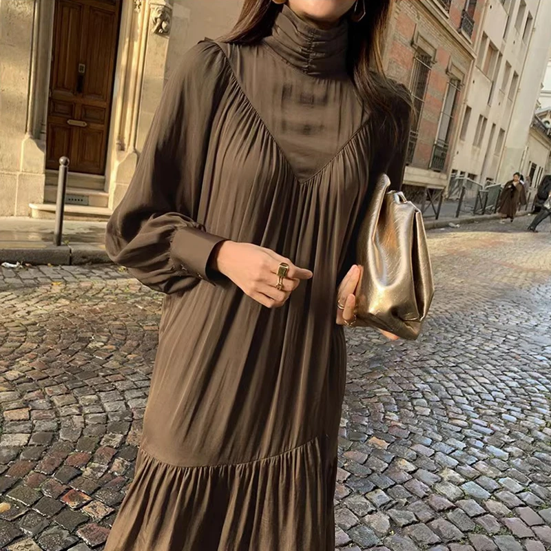 Chique outono vintage gola alta emenda design psado emaecimento manga longa camada base vestido f cintura alta es...