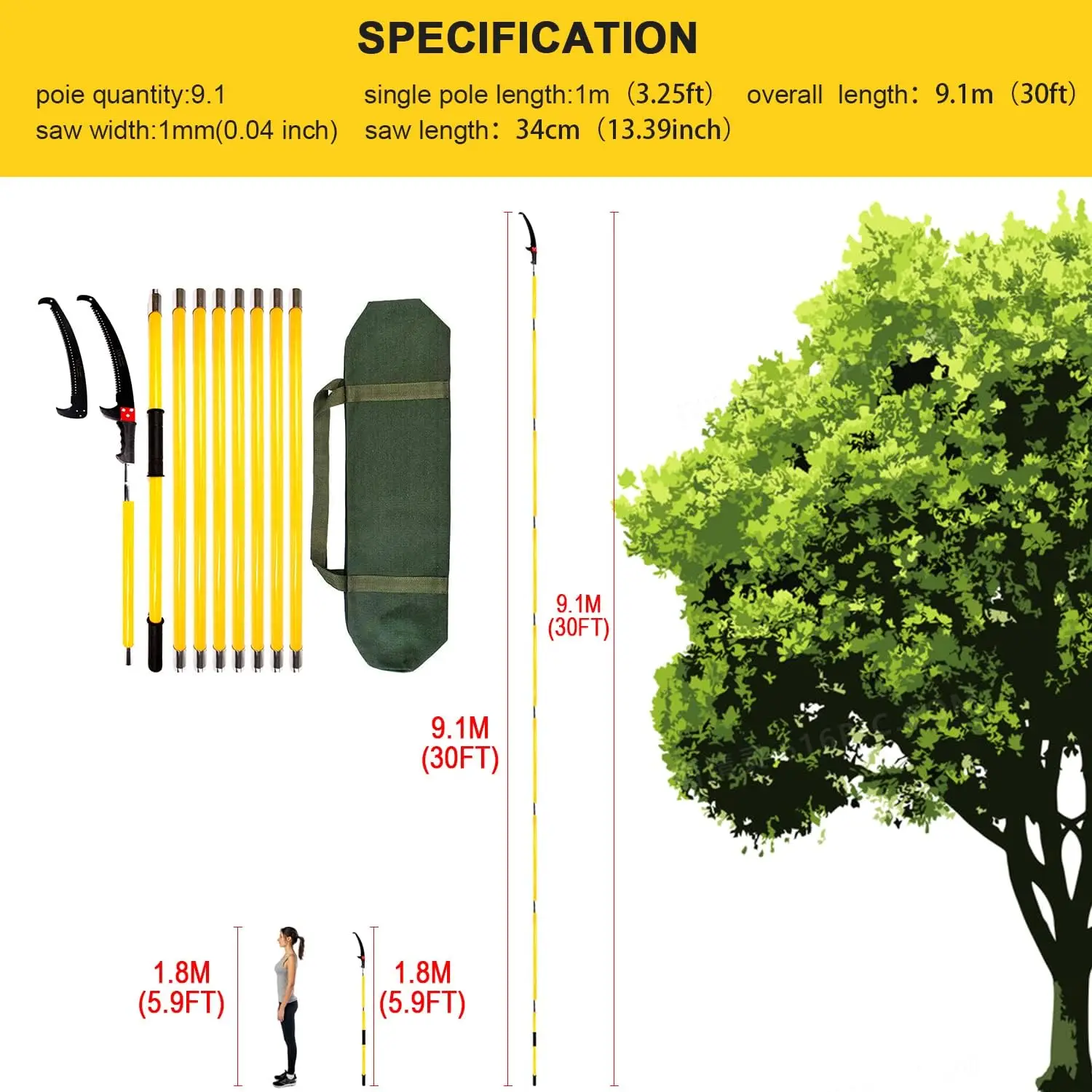 30 Feet Tree Pole Pruner,Durable Tree Trimmers Handle,Manual Branches Trimmer for Garden Tools Hand Pole Saws Exte ndable Height