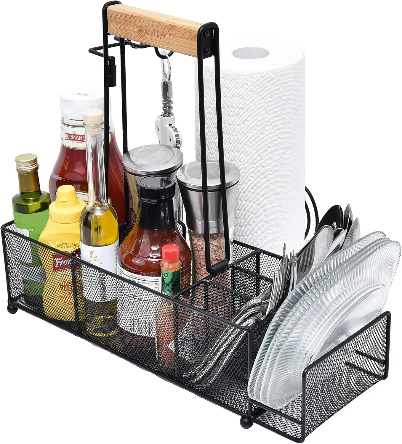 

BBQ and Grill Caddy with Paper Towel Holder, Wood Handle & 2 Hooks – Camper Accessories Condiment Caddy – Plates, Cutl