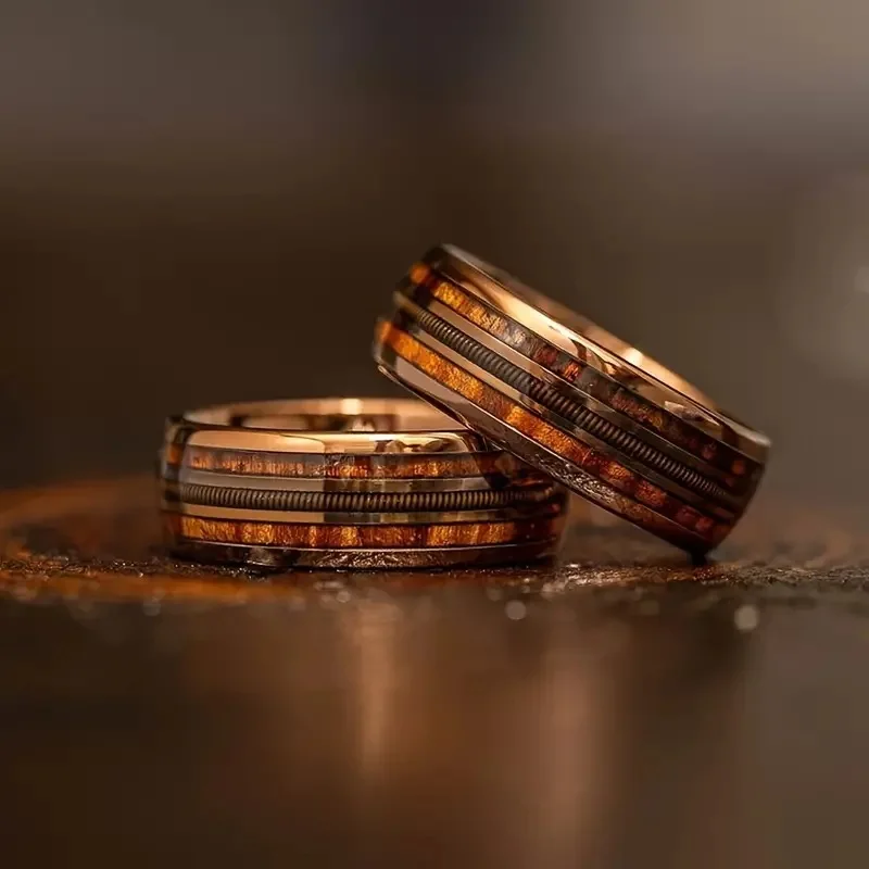 

10 Pieces 8mm Stainless Steel Smooth Surface Set Guitar Thread Wine Barrel Wooden Ring Fashion Couple Pair Ring for Women