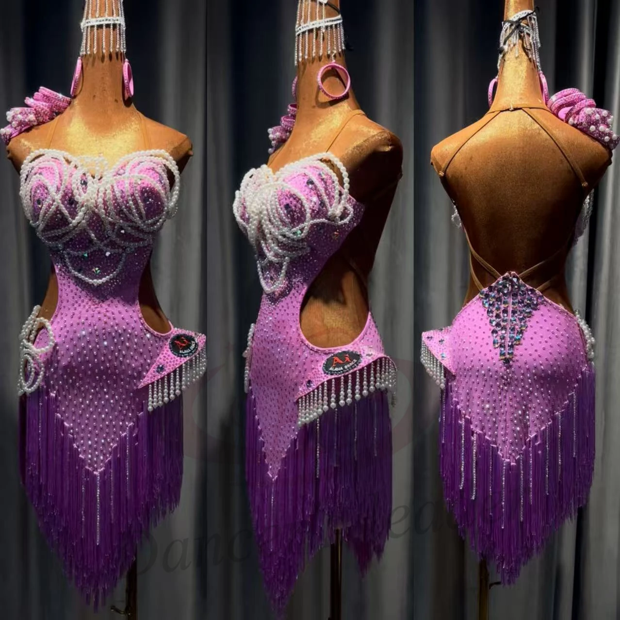 Bailarina latina para niños y adultos, falda con borlas y tirantes de perlas tejidas personalizadas de alta gama, vestido de actuación de piedra Samba AB