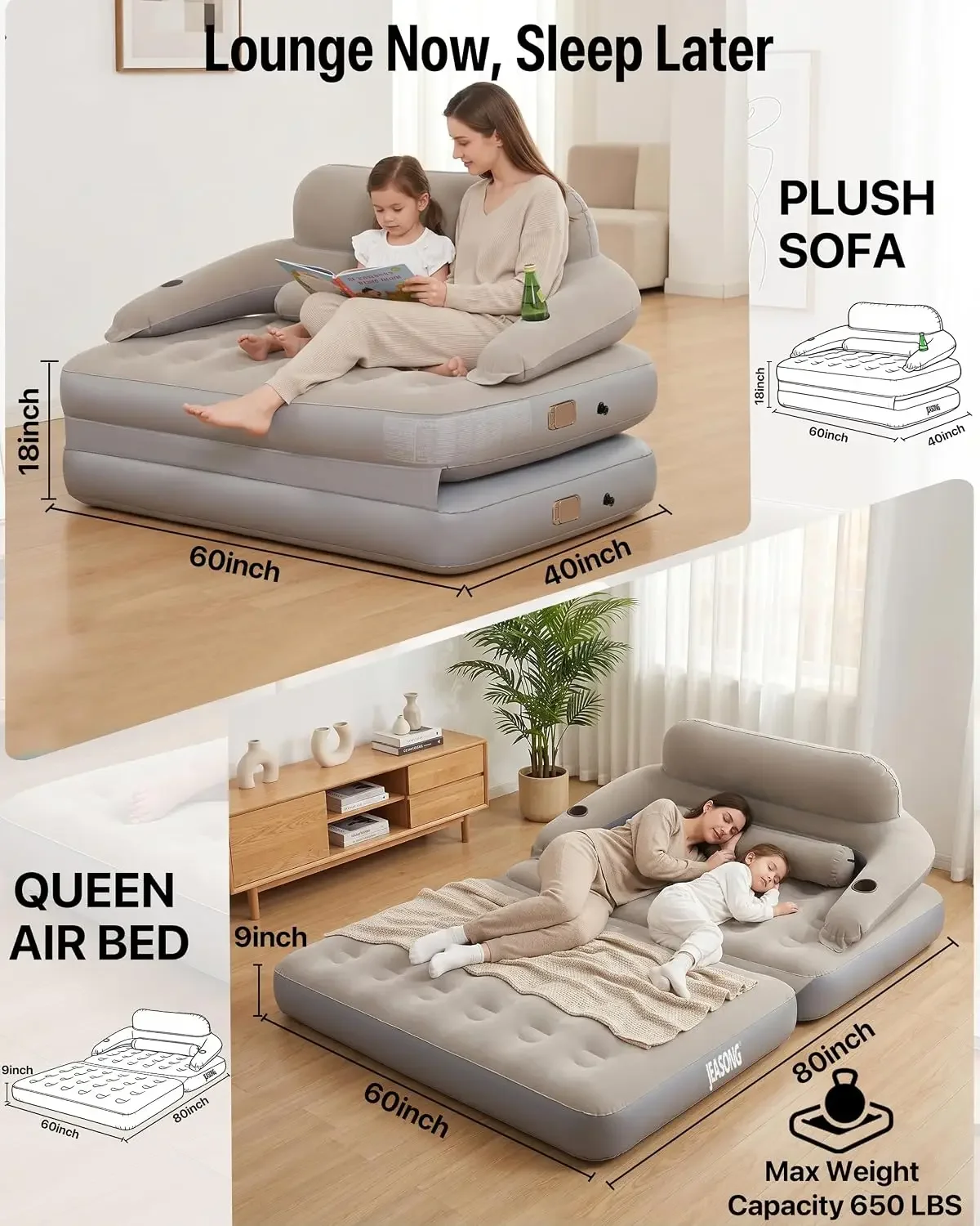 Blow Up Couch Air Mattress Queen with Built in Pump, 2-in-1 Air Sofa & Inflatable Mattress, AirBed Blow Up Mattress