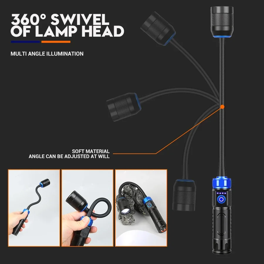 360 °   Verstelbare magnetische basis LED-zaklamp Werklamp Oplaadbare draagbare powerbank 3-modi, buiten kamperen Vissen Reparatie