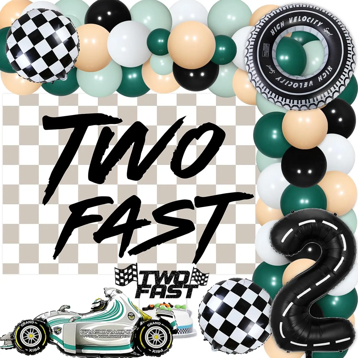 

Two Fast Birthday Party Decor Racing Car Balloon Garland Kit for 2nd Birthday Backdrop Cake Topper Checkered Flag Balloon